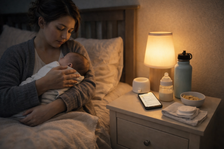 Parent feeding newborn with bottle while looking tired but calm